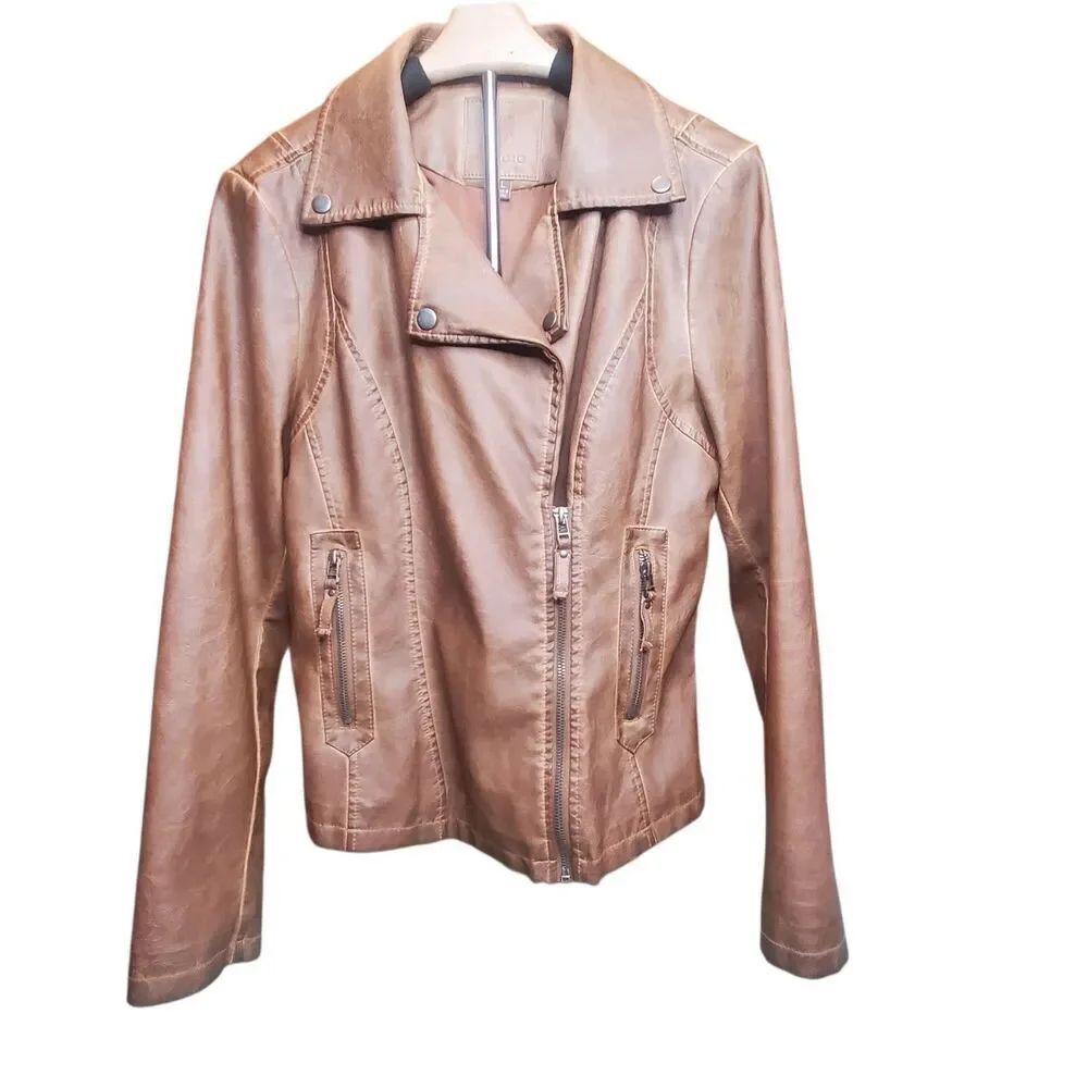 Max Studio Honey Brown Faux Leather Biker Jacket Women's Sz L Zipper Pockets